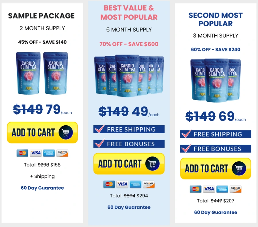 Cardio Slim Tea pricing options: 2 packs, 3 packs and 6 packs discounted